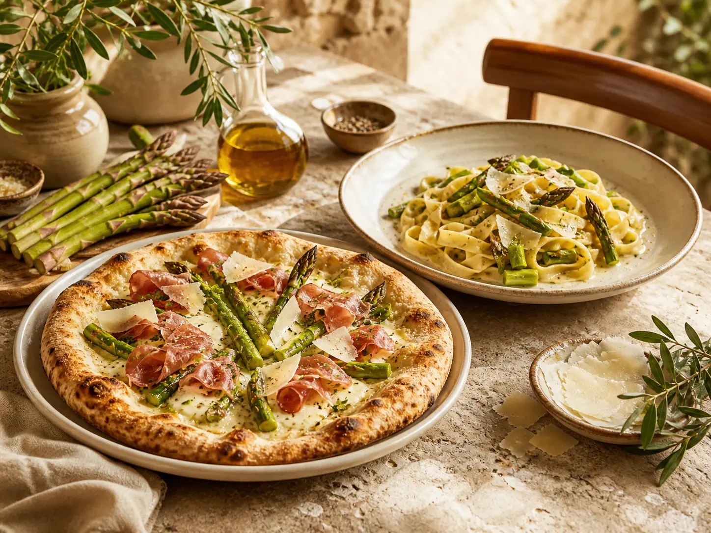 Spargelpizza mit Büffel-Mozzarella und Parmaschinken